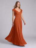Cinnamon Chiffon A-Line V-Neck Backless Floor-Length Bridesmaid Dress with Ruffles