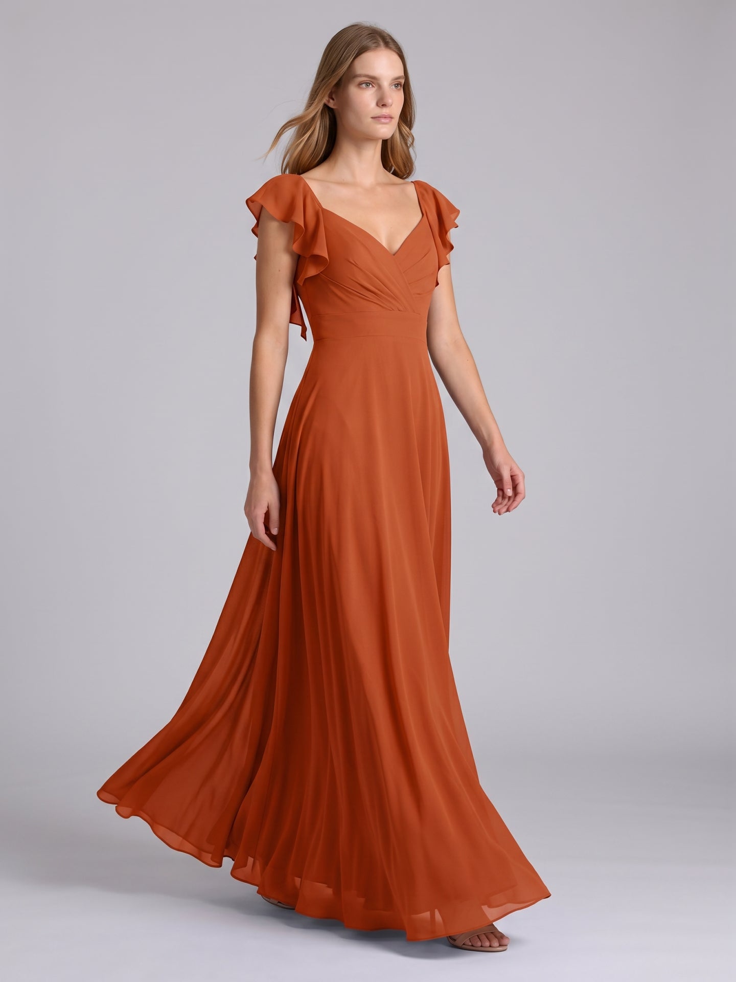 Cinnamon Chiffon A-Line V-Neck Backless Floor-Length Bridesmaid Dress with Ruffles