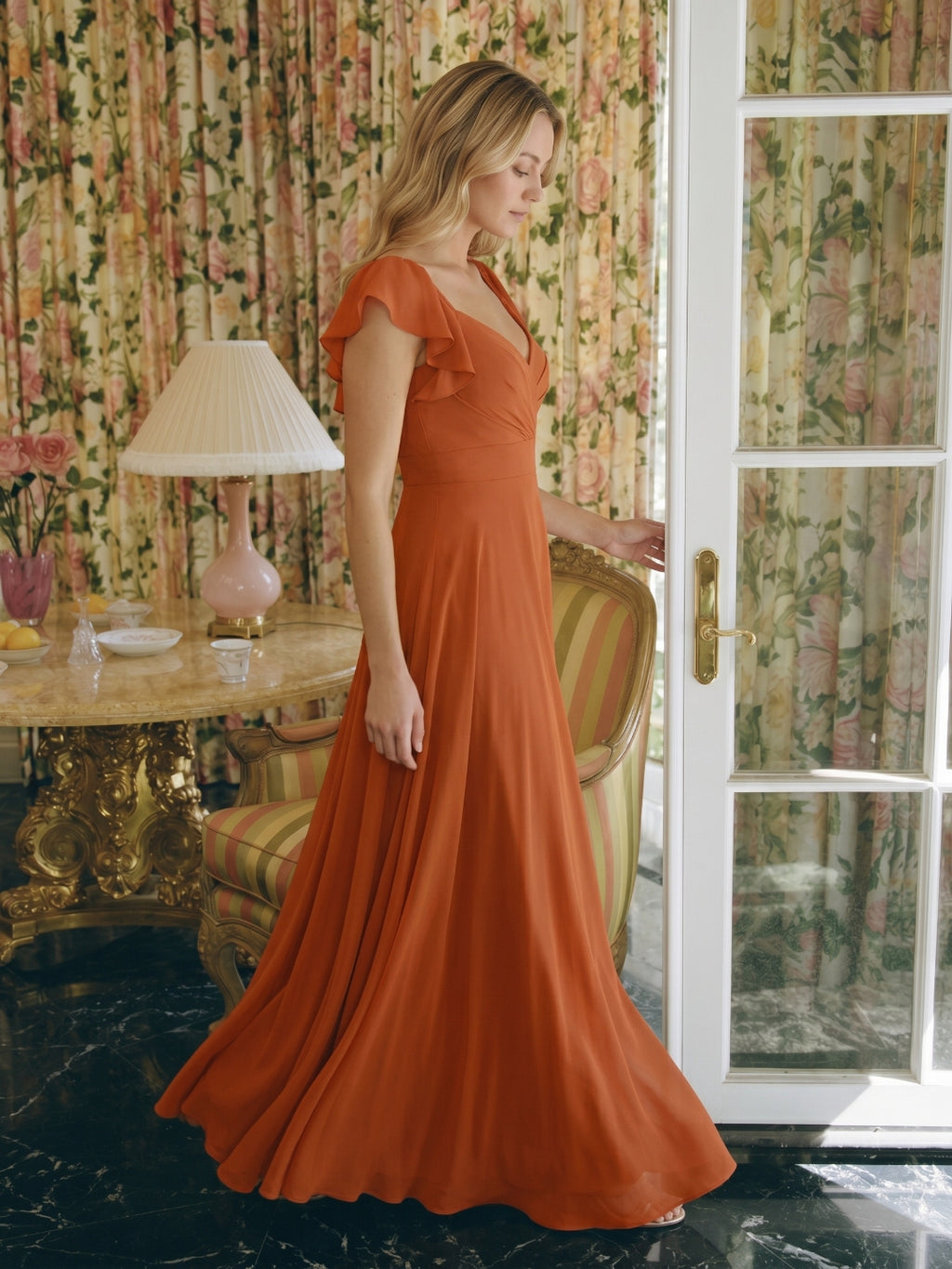 Cinnamon Chiffon A-Line V-Neck Backless Floor-Length Bridesmaid Dress with Ruffles