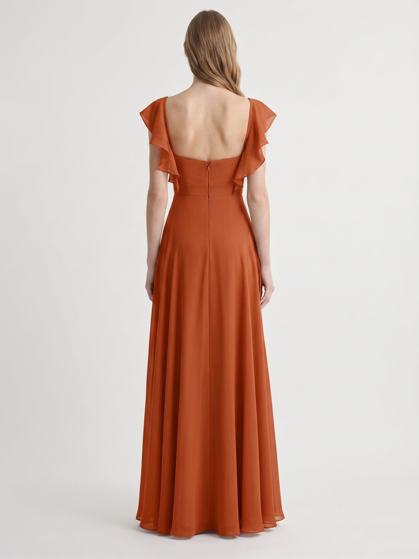 Cinnamon Chiffon A-Line V-Neck Backless Floor-Length Bridesmaid Dress with Ruffles