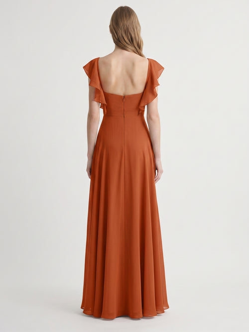 Cinnamon Chiffon A-Line V-Neck Backless Floor-Length Bridesmaid Dress with Ruffles