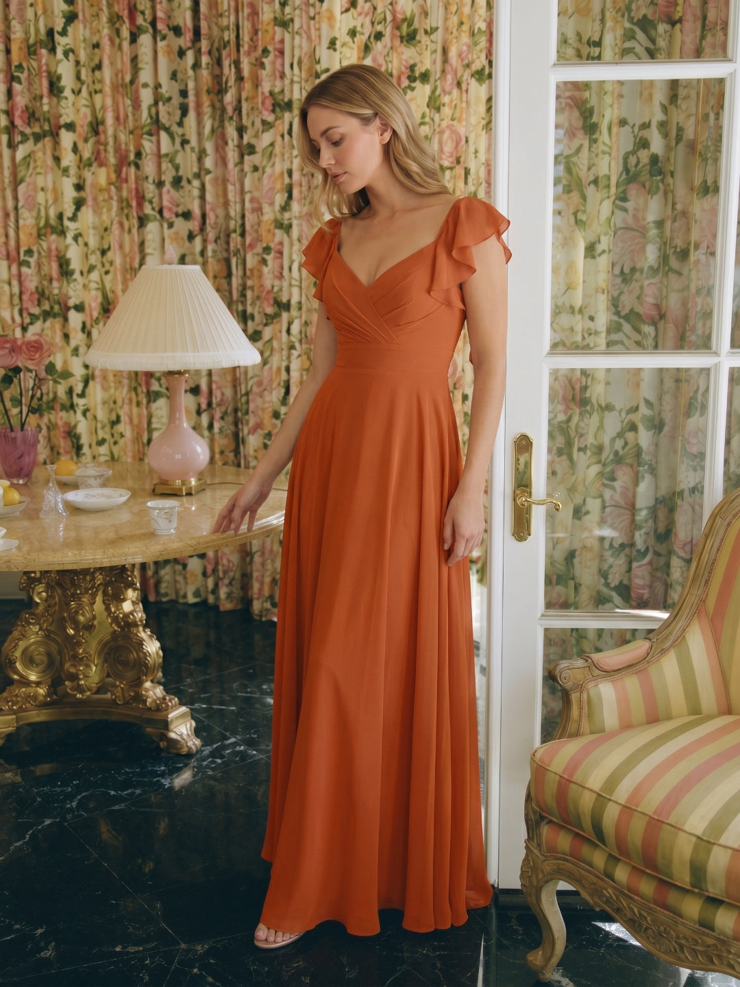 Cinnamon Chiffon A-Line V-Neck Backless Floor-Length Bridesmaid Dress with Ruffles