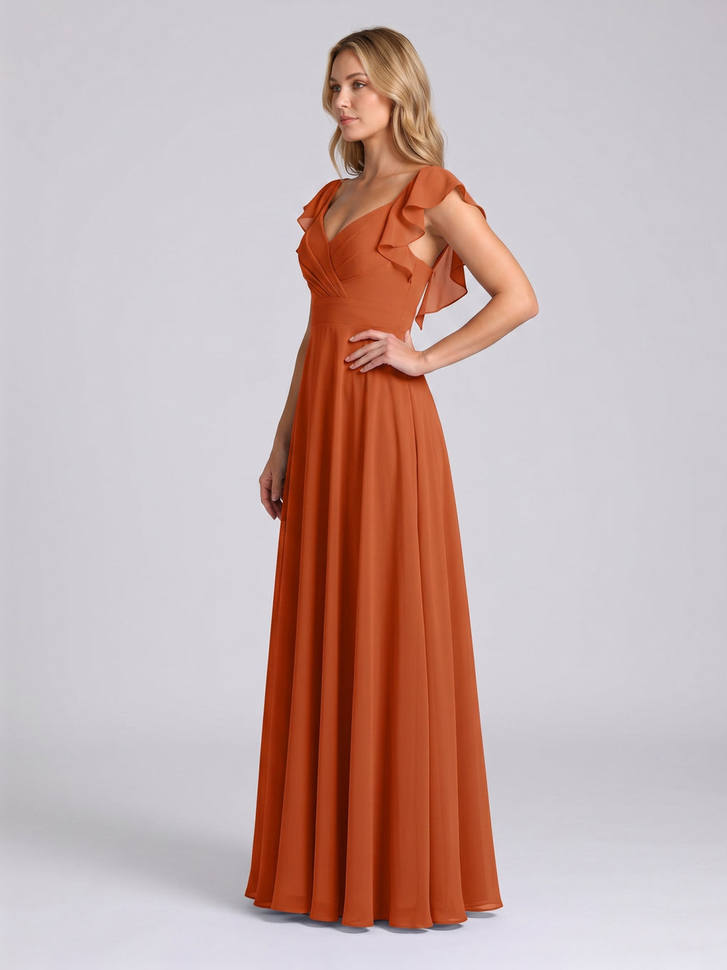 Cinnamon Chiffon A-Line V-Neck Backless Floor-Length Bridesmaid Dress with Ruffles