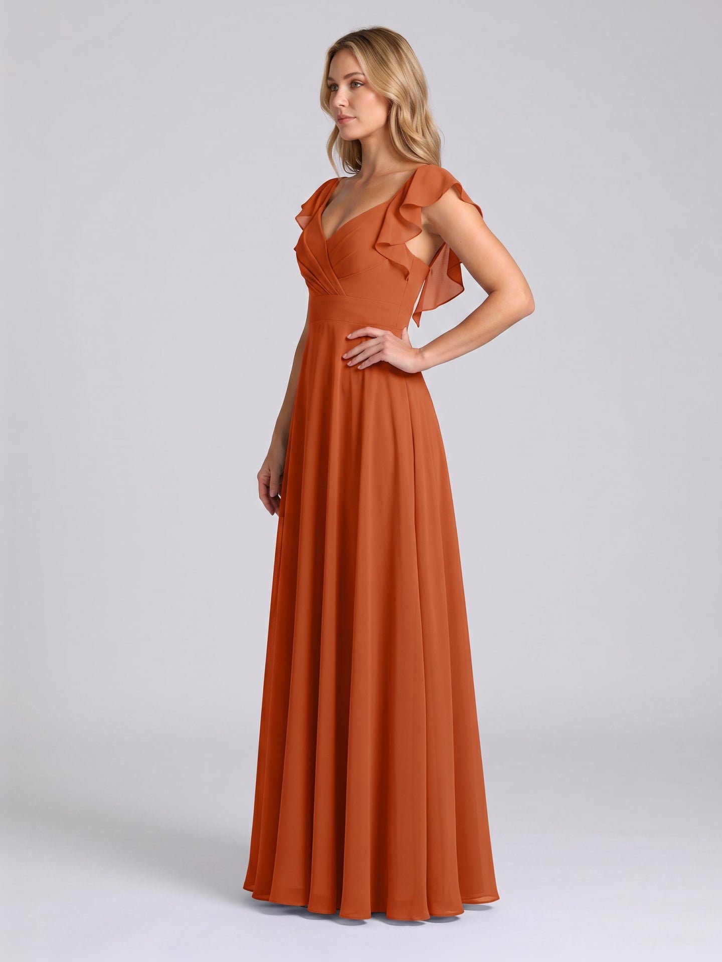 Cinnamon Chiffon A-Line V-Neck Backless Floor-Length Bridesmaid Dress with Ruffles
