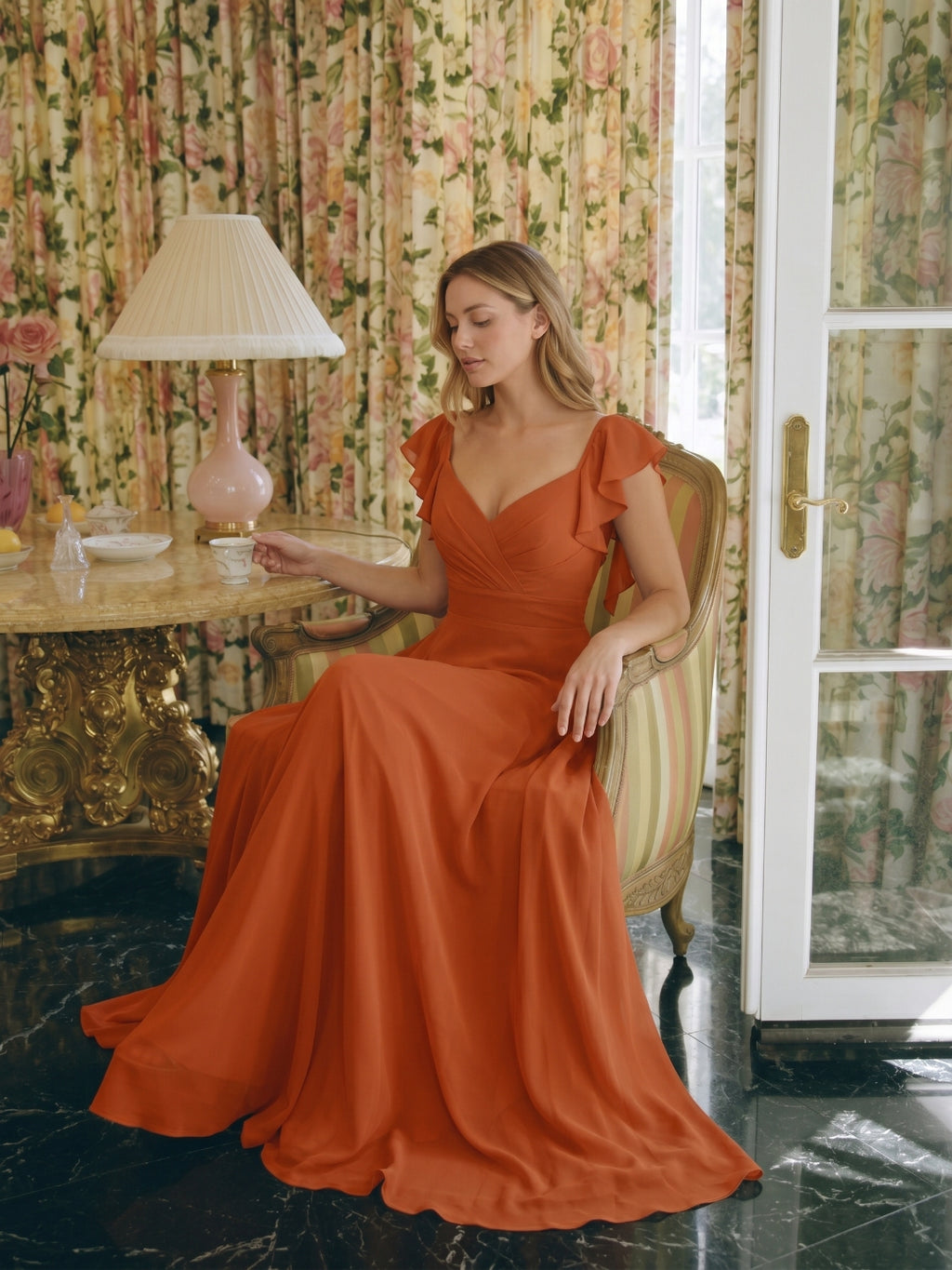 Cinnamon Chiffon A-Line V-Neck Backless Floor-Length Bridesmaid Dress with Ruffles