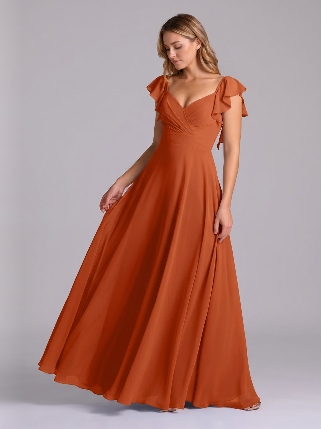 Cinnamon Chiffon A-Line V-Neck Backless Floor-Length Bridesmaid Dress with Ruffles