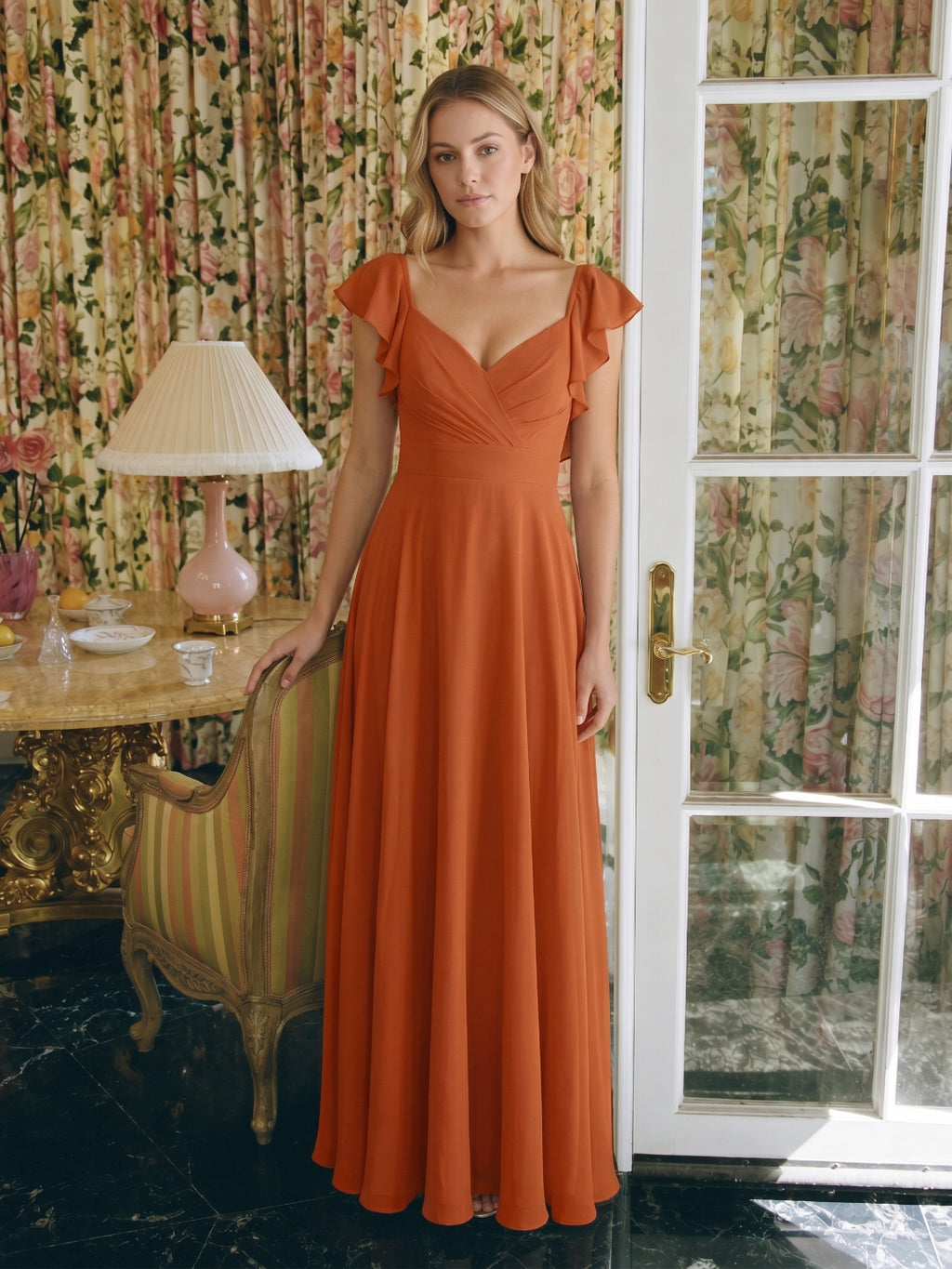 Cinnamon Chiffon A-Line V-Neck Backless Floor-Length Bridesmaid Dress with Ruffles