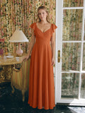 Cinnamon Chiffon A-Line V-Neck Backless Floor-Length Bridesmaid Dress with Ruffles