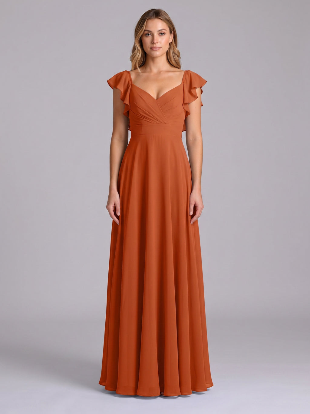 Cinnamon Chiffon A-Line V-Neck Backless Floor-Length Bridesmaid Dress with Ruffles
