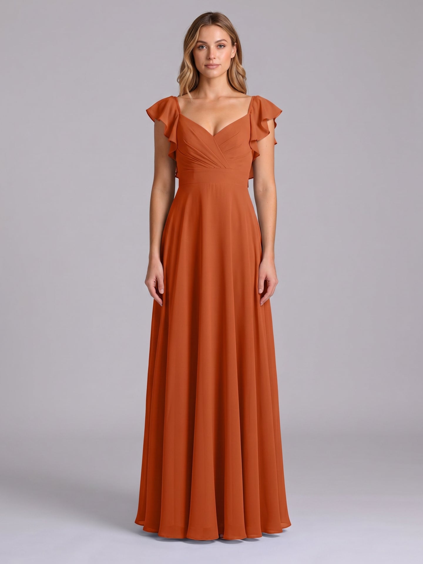 Cinnamon Chiffon A-Line V-Neck Backless Floor-Length Bridesmaid Dress with Ruffles