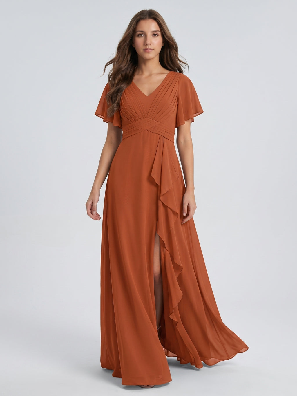 Cinnamon Chiffon A-Line V-Neck Floor-Length Bridesmaid Dress with Cascading Ruffles
