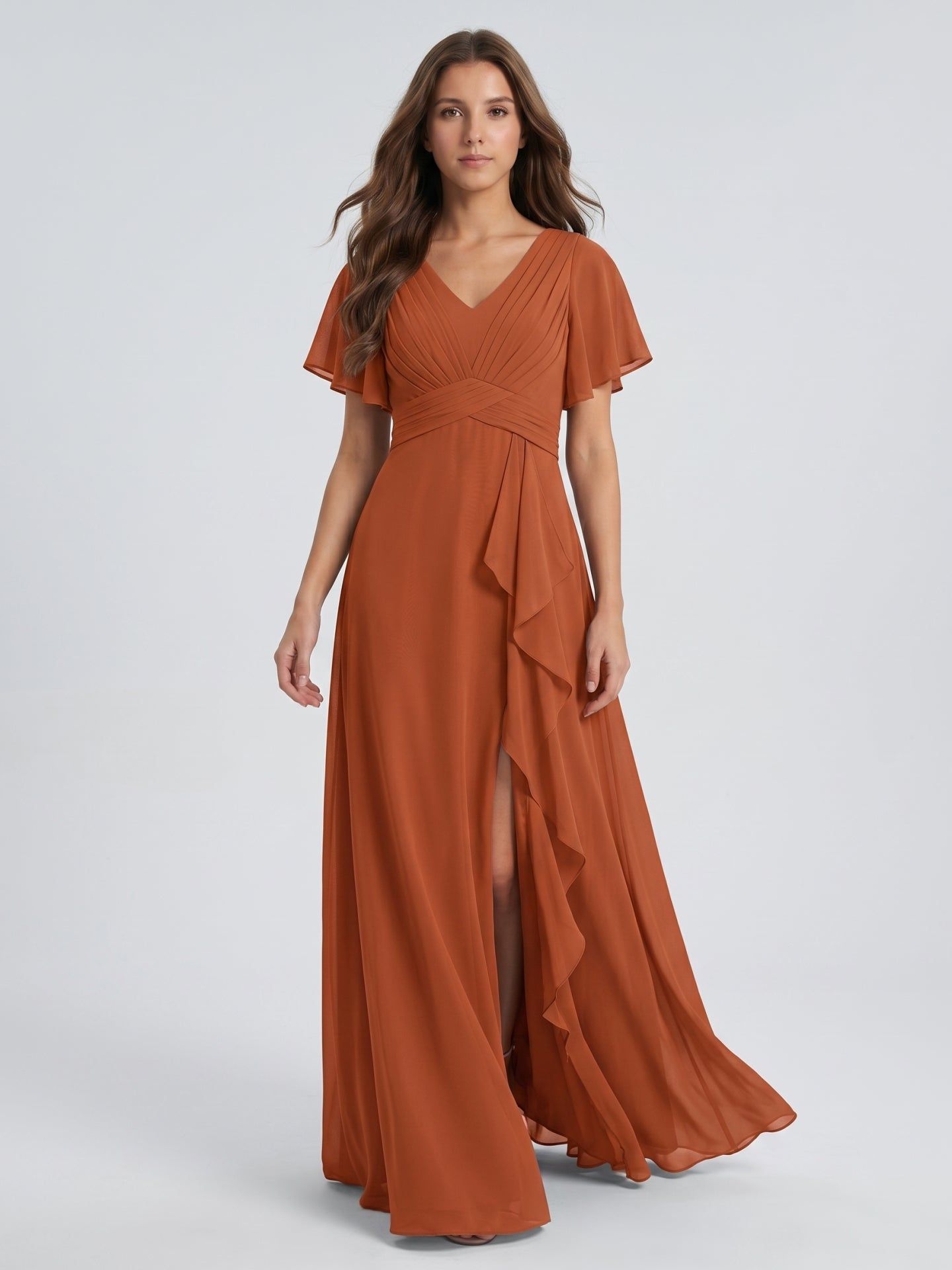 Cinnamon Chiffon A-Line V-Neck Floor-Length Bridesmaid Dress with Cascading Ruffles