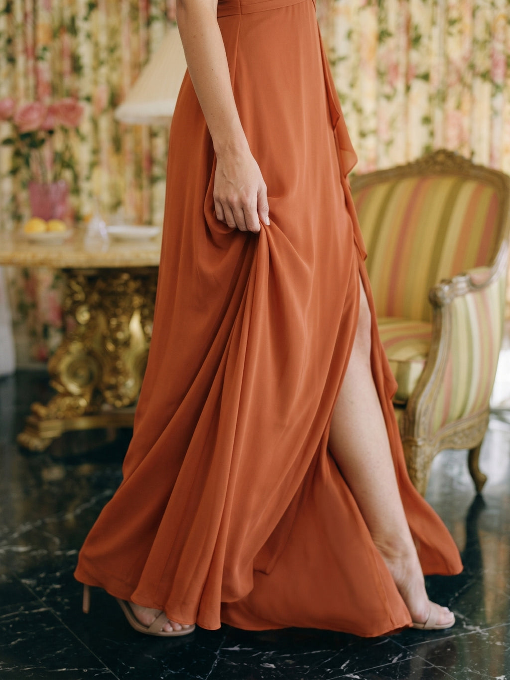 Cinnamon Chiffon A-Line V-Neck Floor-Length Bridesmaid Dress with Cascading Ruffles