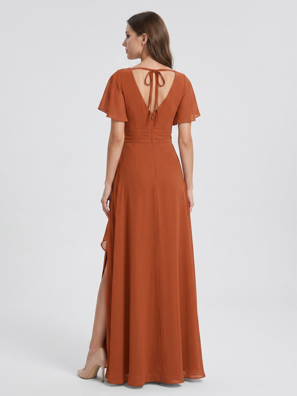 Cinnamon Chiffon A-Line V-Neck Floor-Length Bridesmaid Dress with Cascading Ruffles
