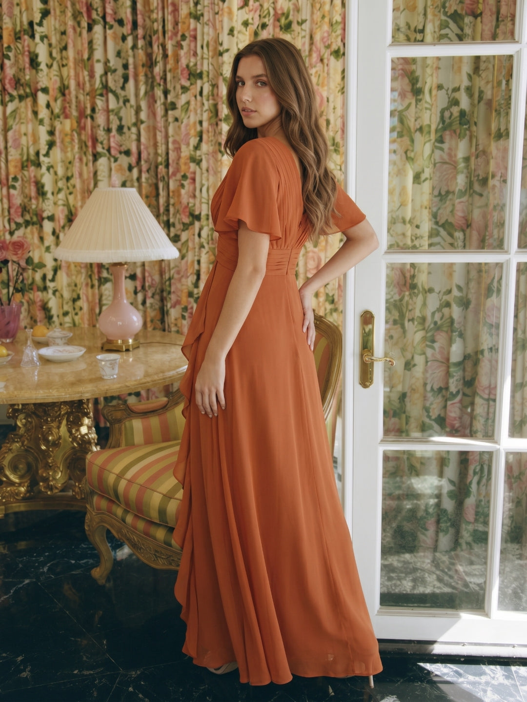 Cinnamon Chiffon A-Line V-Neck Floor-Length Bridesmaid Dress with Cascading Ruffles