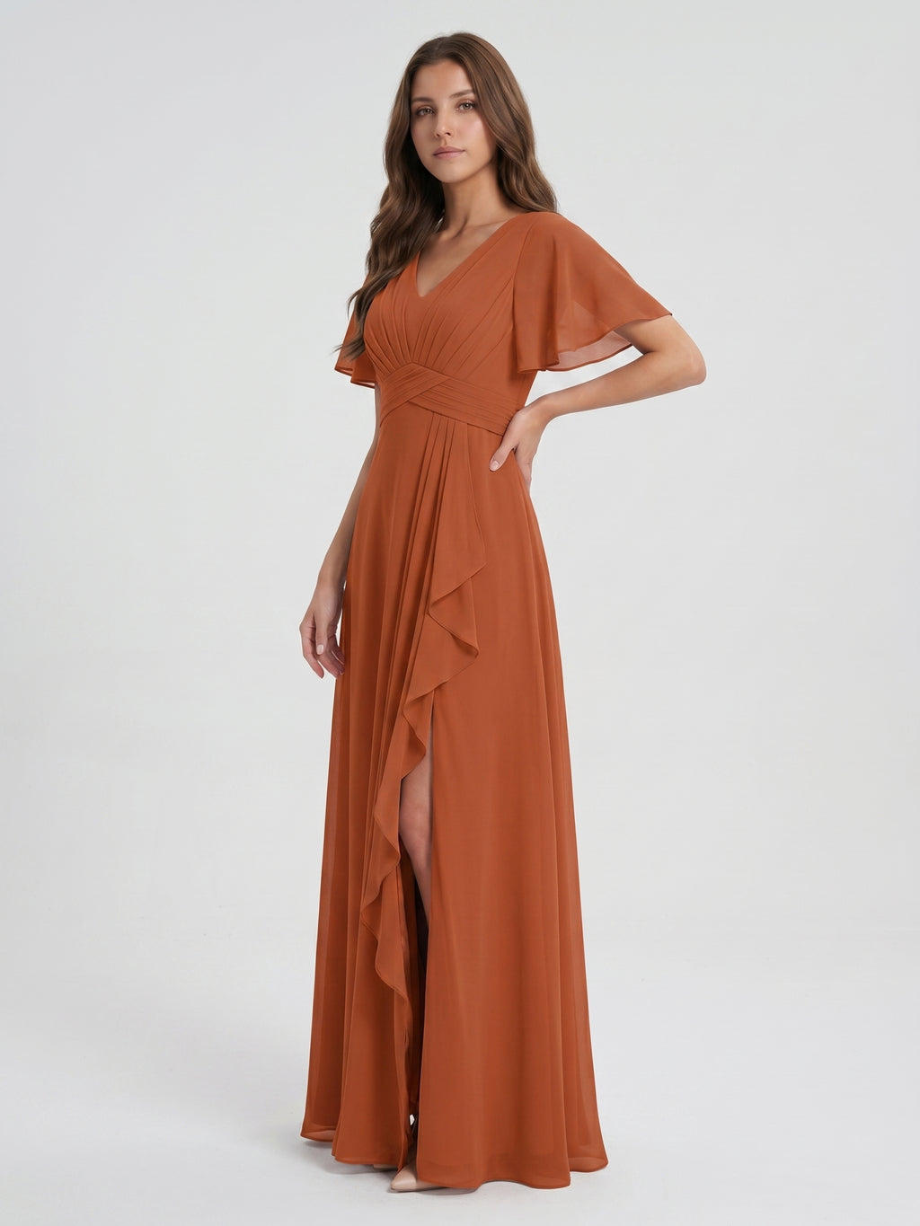 Cinnamon Chiffon A-Line V-Neck Floor-Length Bridesmaid Dress with Cascading Ruffles
