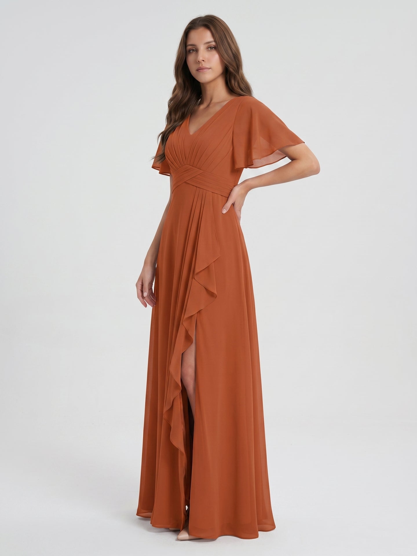 Cinnamon Chiffon A-Line V-Neck Floor-Length Bridesmaid Dress with Cascading Ruffles