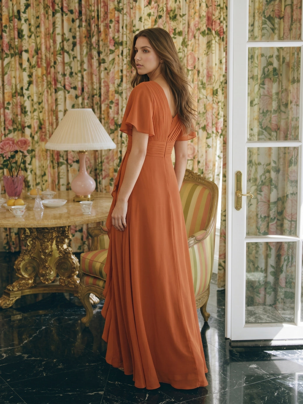 Cinnamon Chiffon A-Line V-Neck Floor-Length Bridesmaid Dress with Cascading Ruffles