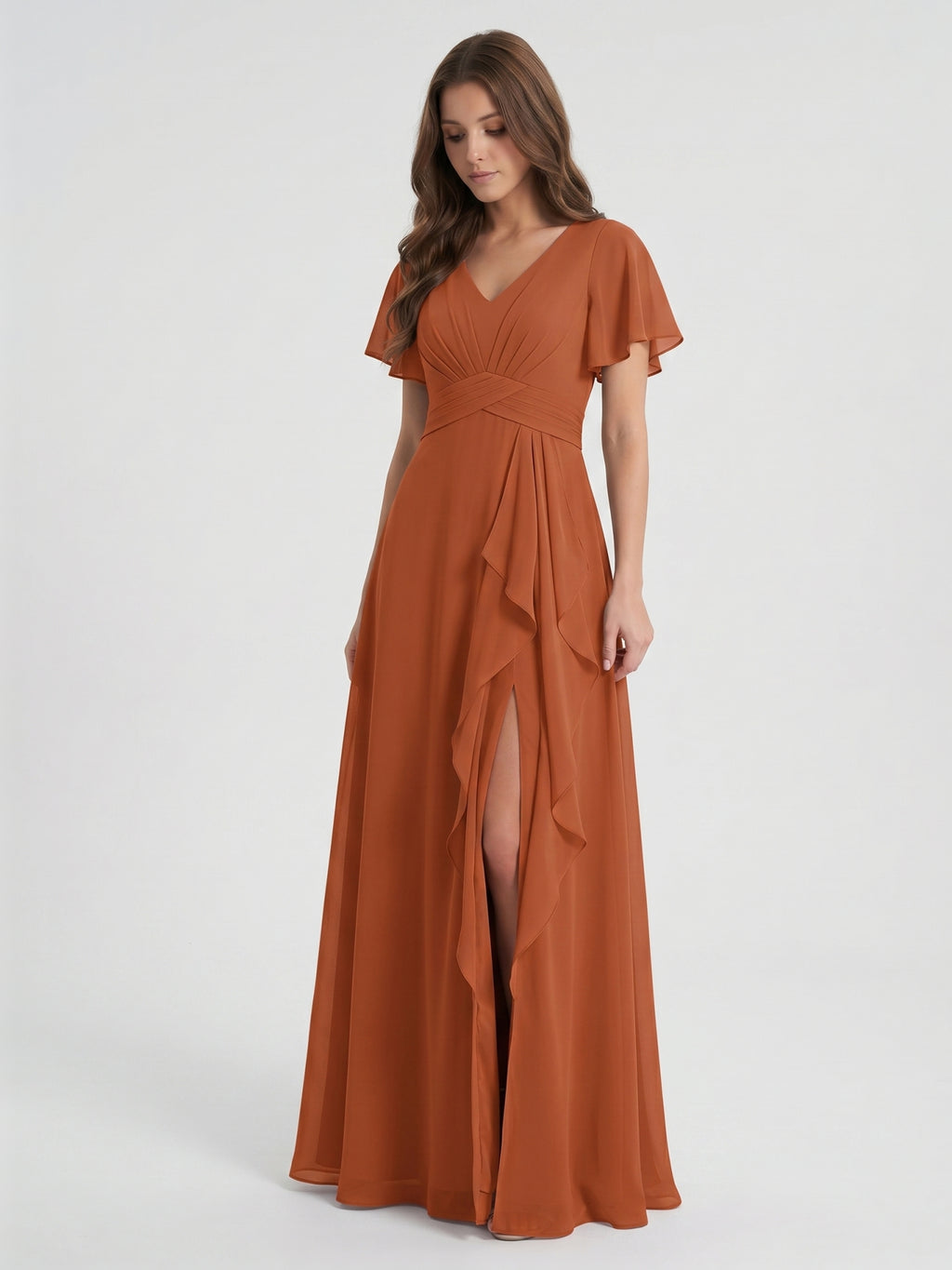Cinnamon Chiffon A-Line V-Neck Floor-Length Bridesmaid Dress with Cascading Ruffles