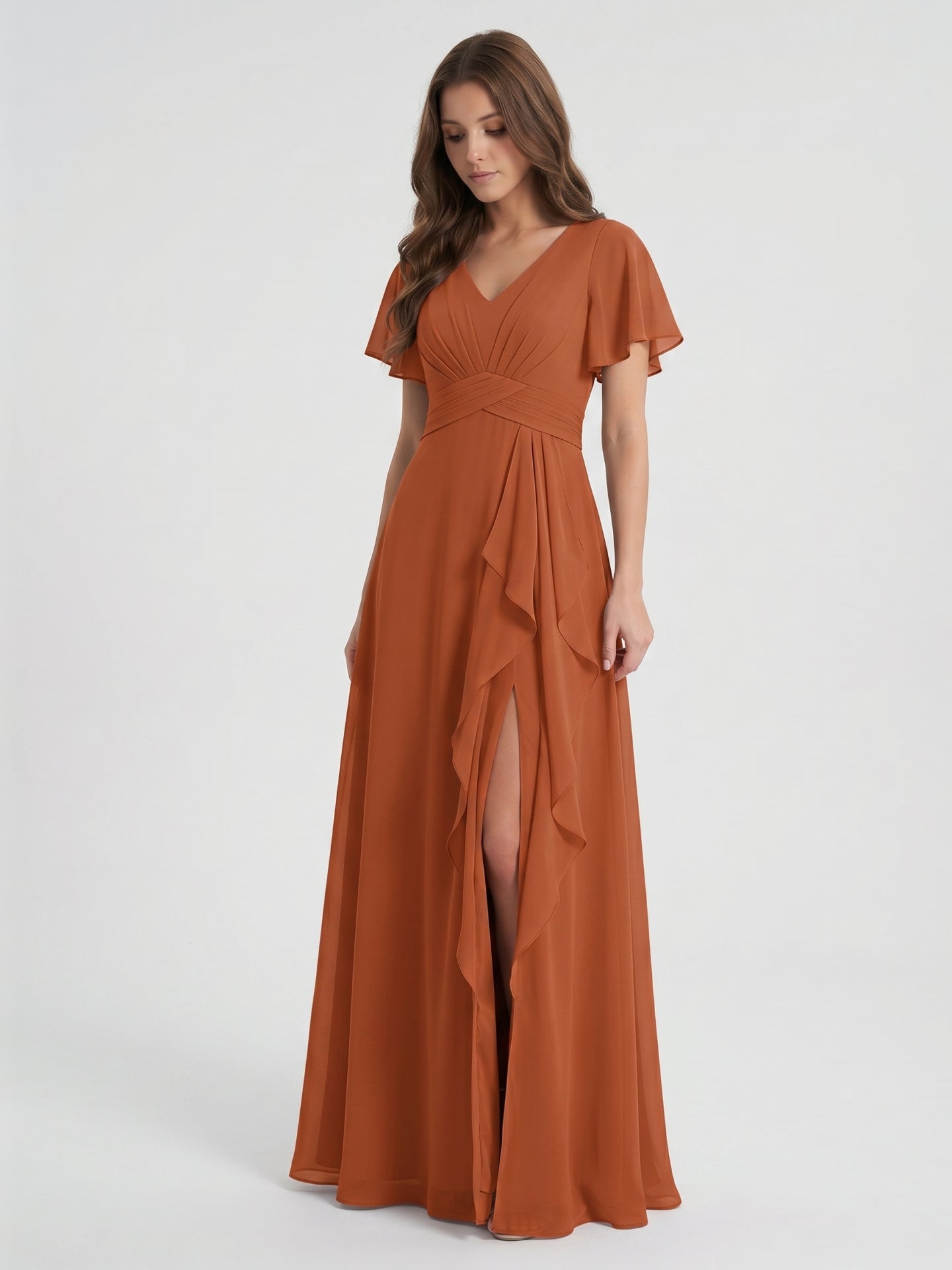 Cinnamon Chiffon A-Line V-Neck Floor-Length Bridesmaid Dress with Cascading Ruffles