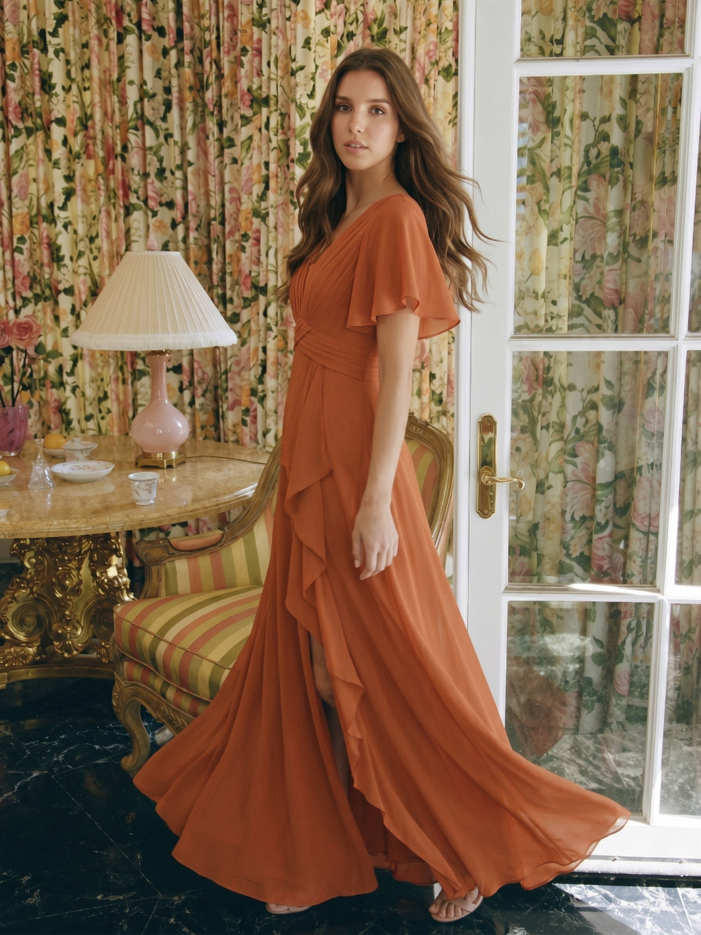 Cinnamon Chiffon A-Line V-Neck Floor-Length Bridesmaid Dress with Cascading Ruffles