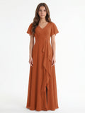Cinnamon Chiffon A-Line V-Neck Floor-Length Bridesmaid Dress with Cascading Ruffles