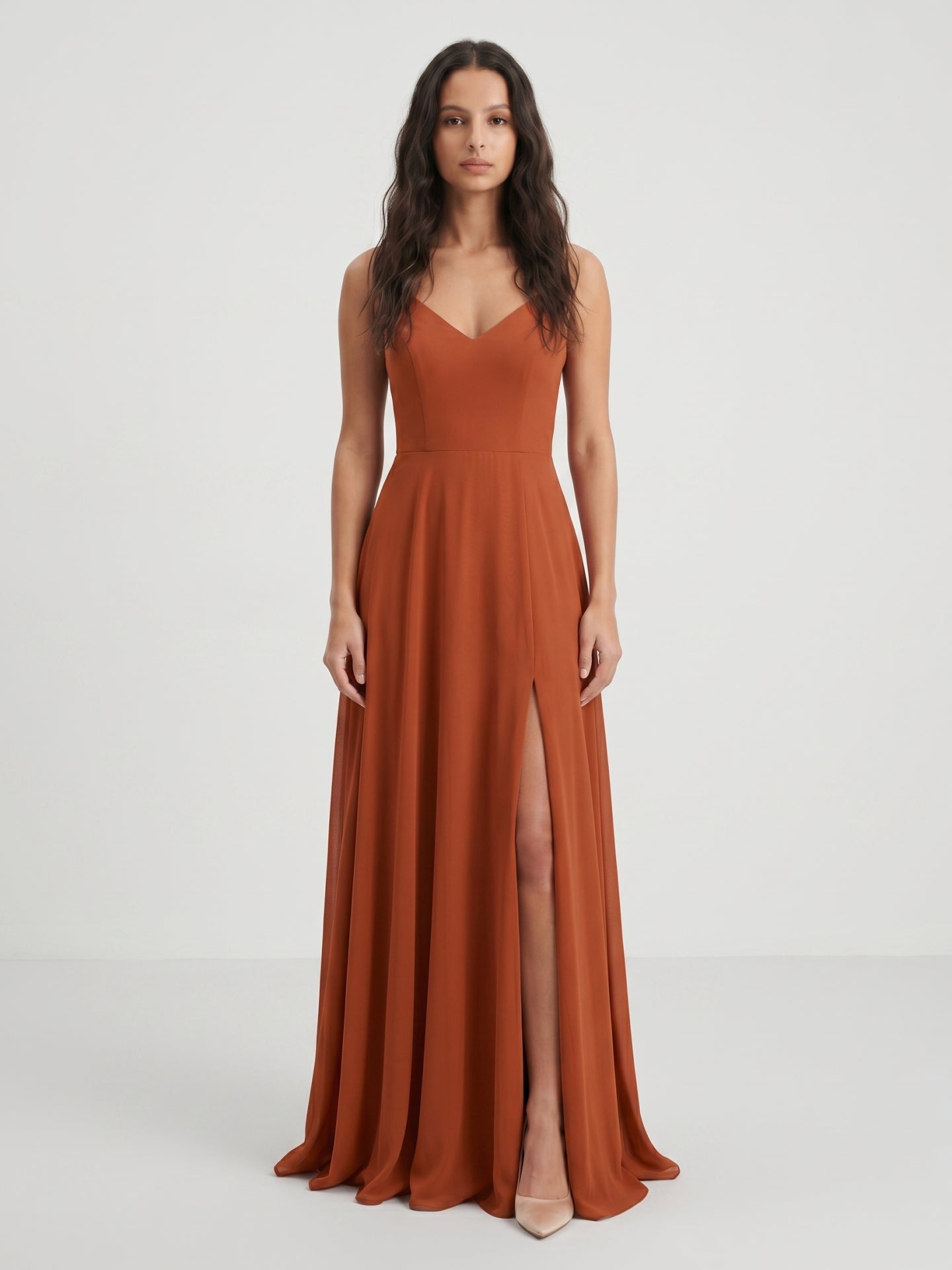 Cinnamon Chiffon A-Line V-Neck Lace-Up Floor-Length Bridesmaid Dress with Pleats
