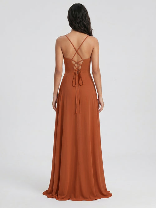 Cinnamon Chiffon A-Line V-Neck Lace-Up Floor-Length Bridesmaid Dress with Pleats