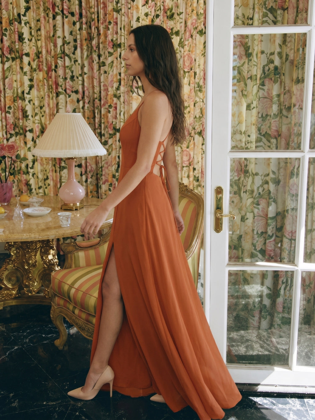 Cinnamon Chiffon A-Line V-Neck Lace-Up Floor-Length Bridesmaid Dress with Pleats