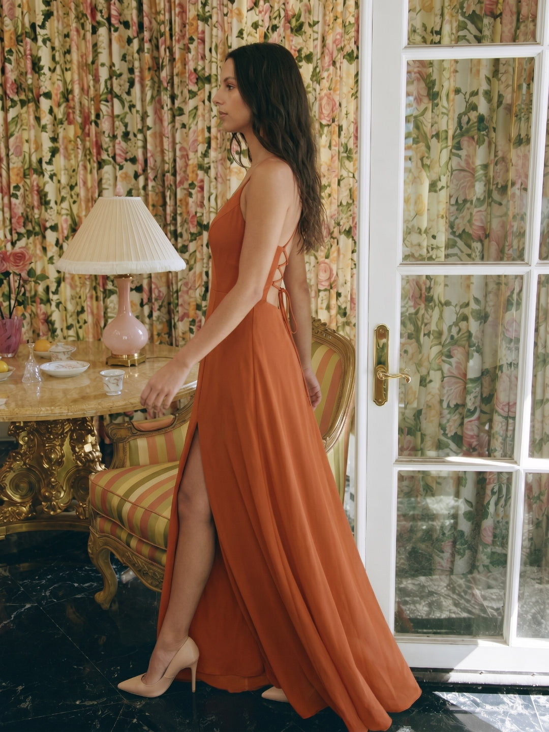 Cinnamon Chiffon A-Line V-Neck Lace-Up Floor-Length Bridesmaid Dress with Pleats