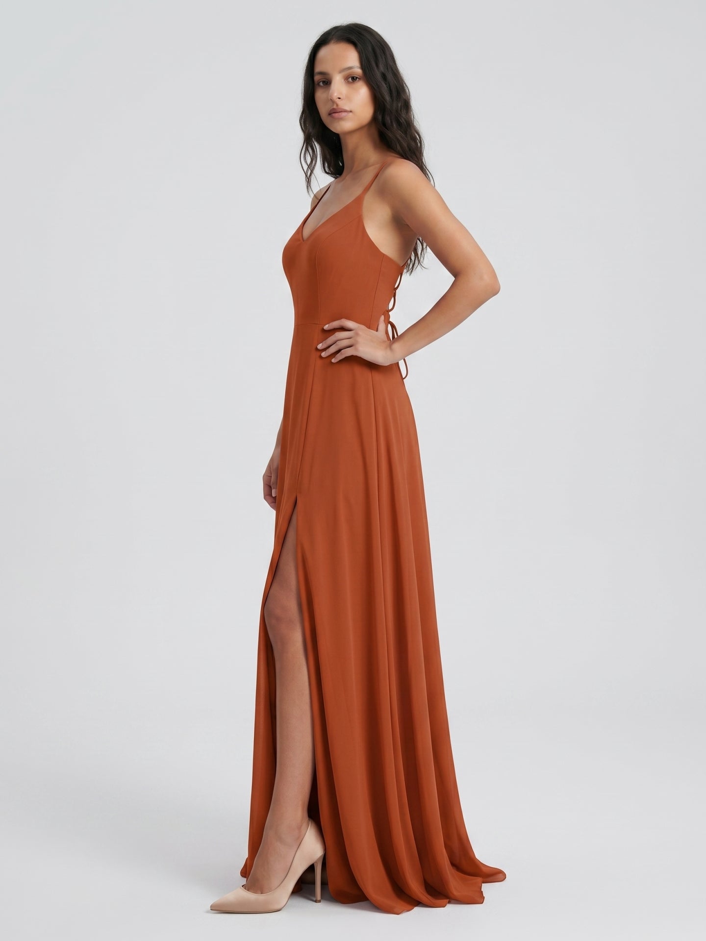 Cinnamon Chiffon A-Line V-Neck Lace-Up Floor-Length Bridesmaid Dress with Pleats