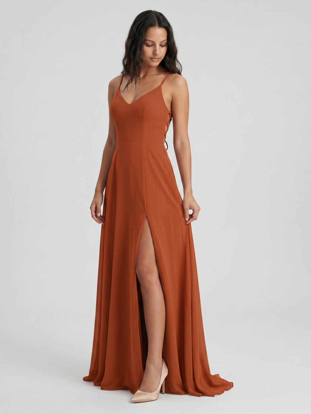 Cinnamon Chiffon A-Line V-Neck Lace-Up Floor-Length Bridesmaid Dress with Pleats