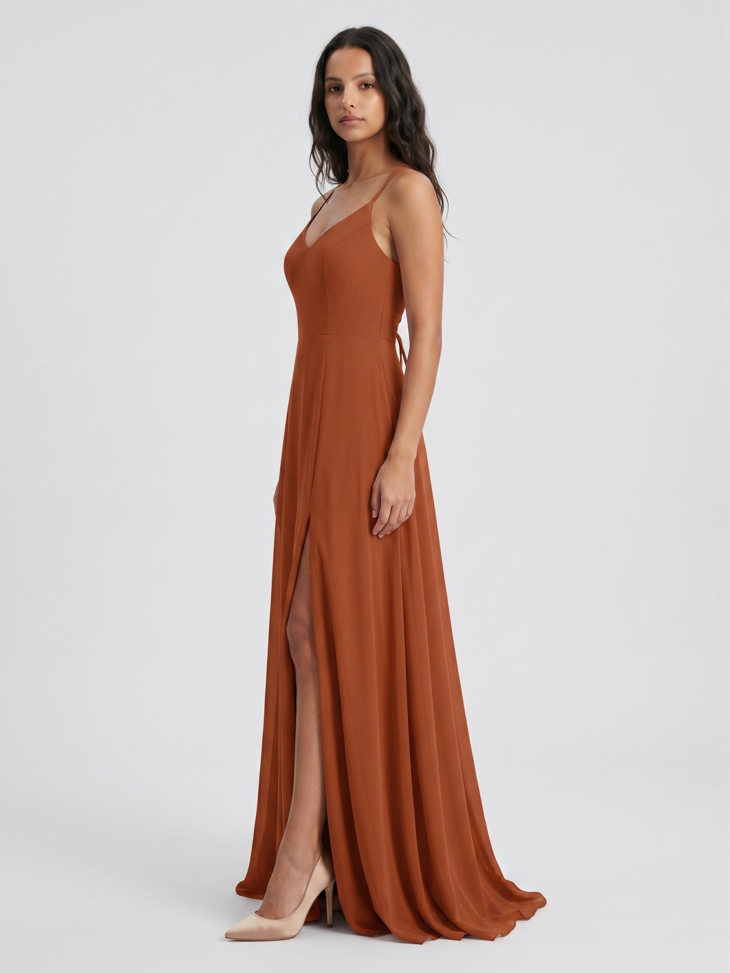 Cinnamon Chiffon A-Line V-Neck Lace-Up Floor-Length Bridesmaid Dress with Pleats