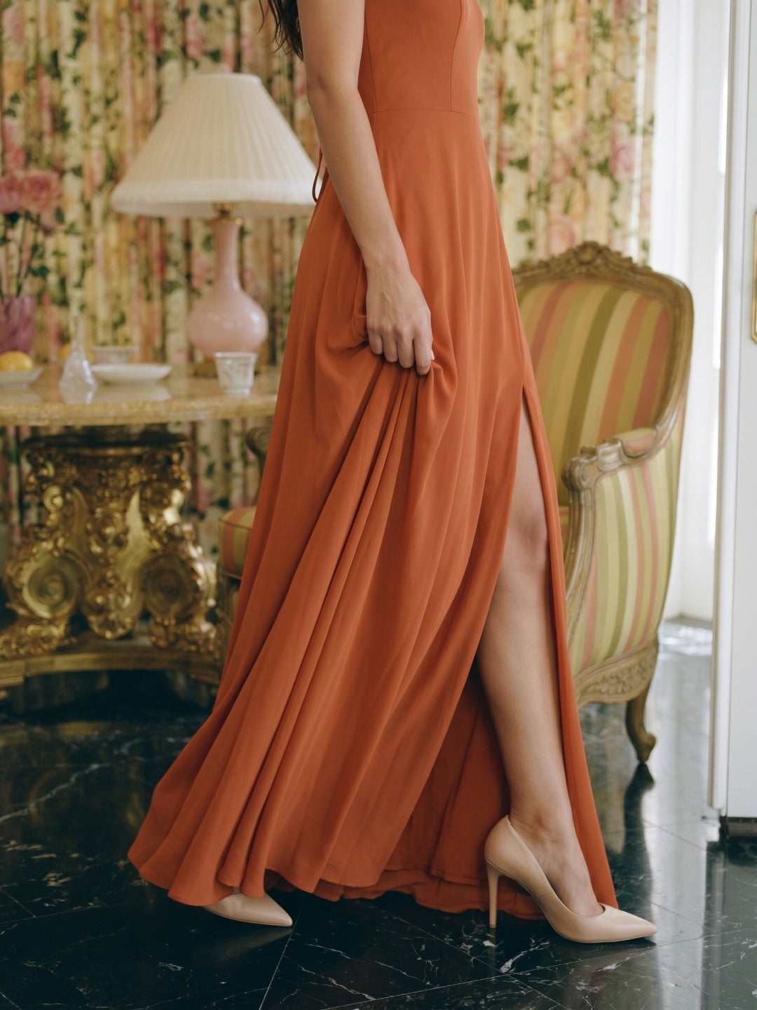 Cinnamon Chiffon A-Line V-Neck Lace-Up Floor-Length Bridesmaid Dress with Pleats