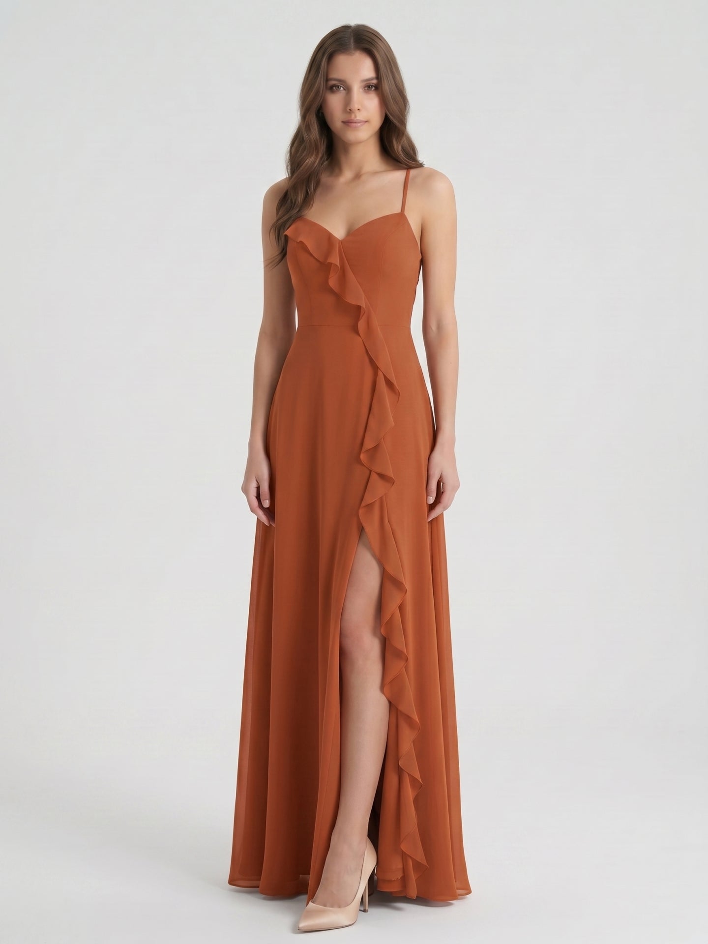 Cinnamon Chiffon A-Line V-Neck Lace-Up Floor-Length Bridesmaid Dress with Ruffles