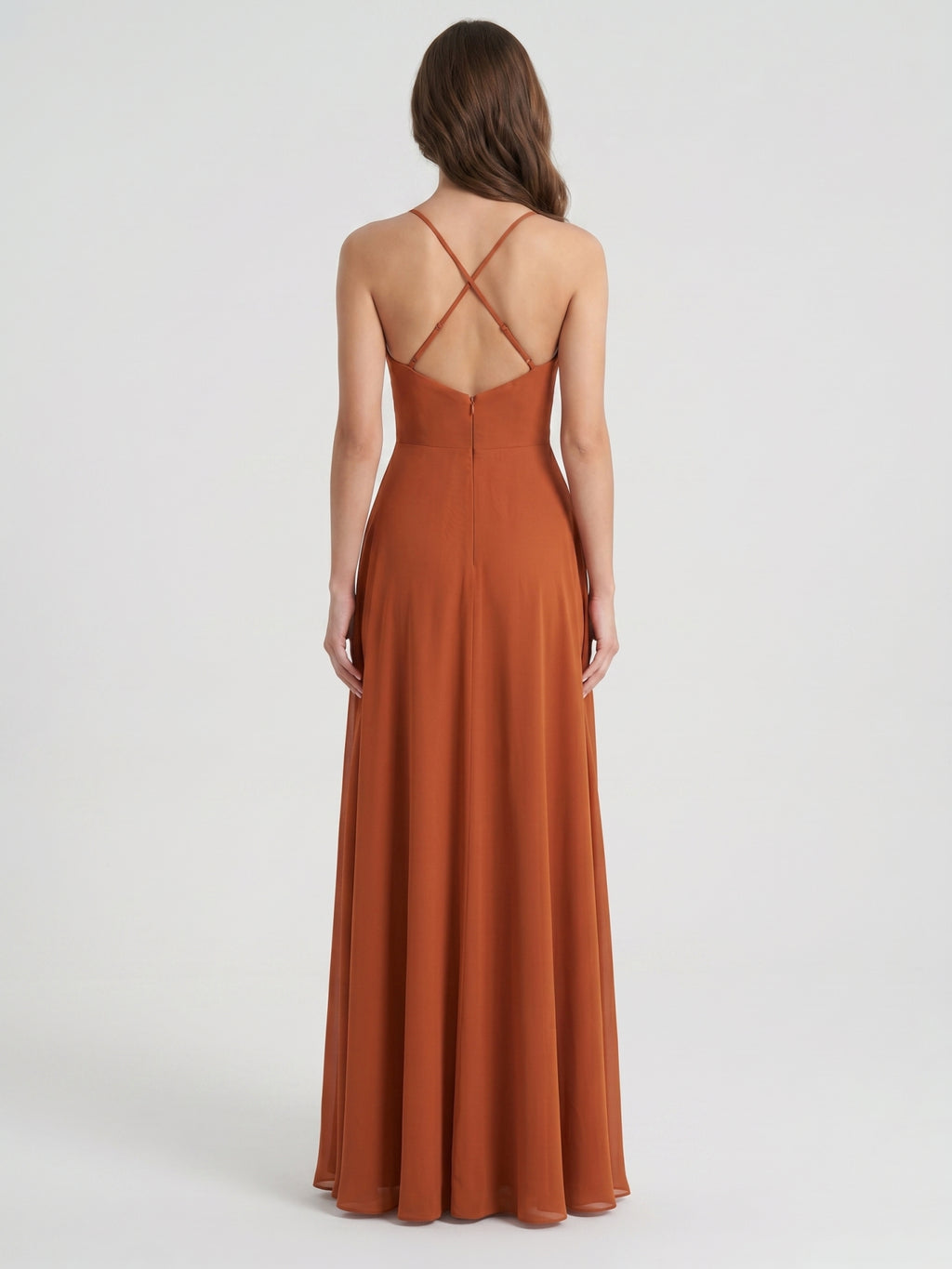 Cinnamon Chiffon A-Line V-Neck Lace-Up Floor-Length Bridesmaid Dress with Ruffles