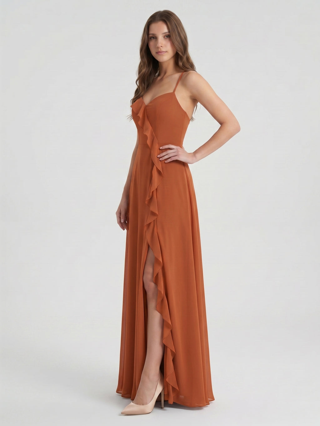 Cinnamon Chiffon A-Line V-Neck Lace-Up Floor-Length Bridesmaid Dress with Ruffles