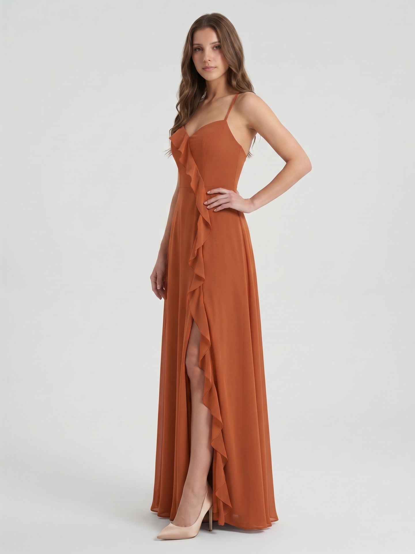 Cinnamon Chiffon A-Line V-Neck Lace-Up Floor-Length Bridesmaid Dress with Ruffles