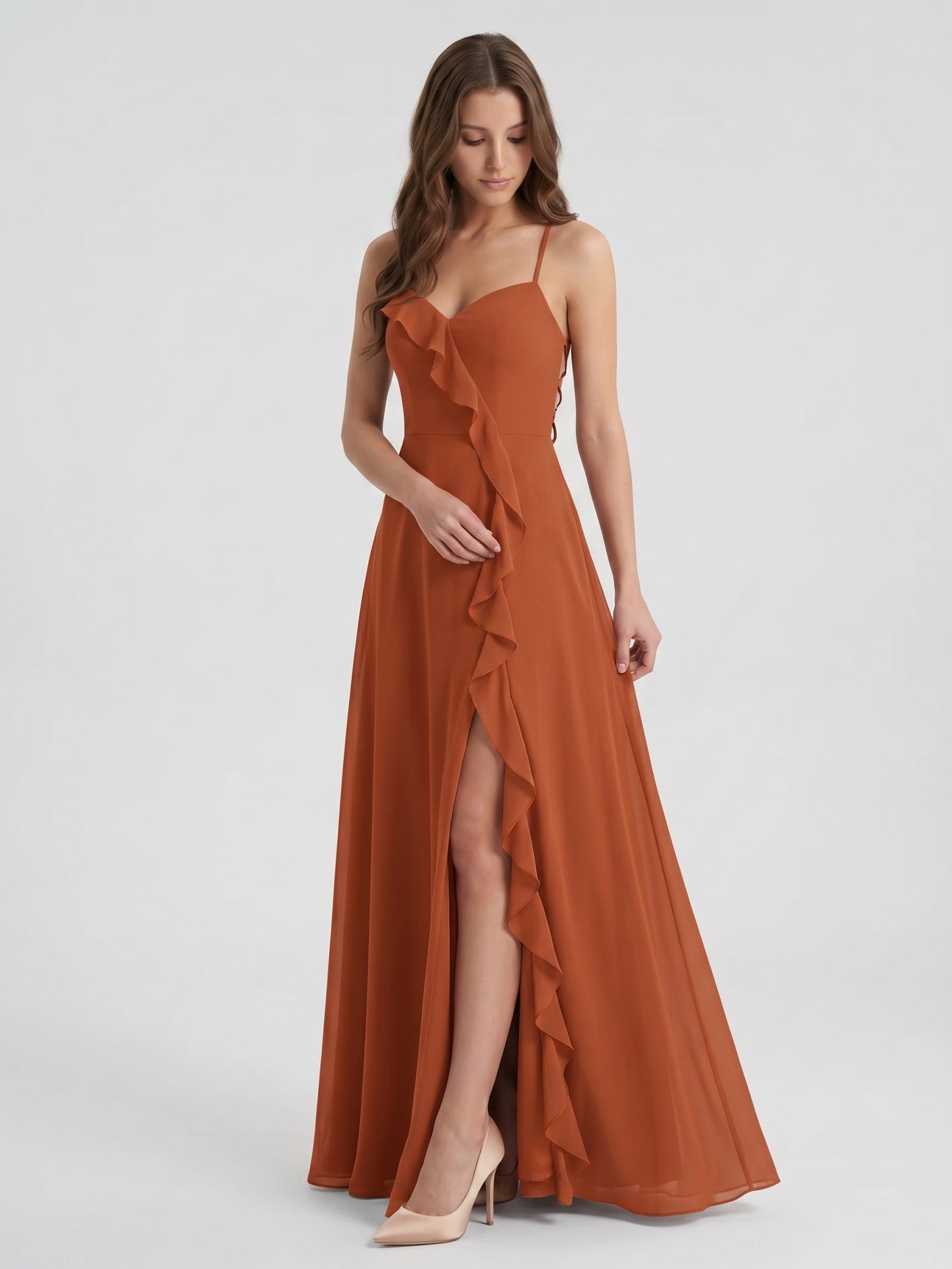 Cinnamon Chiffon A-Line V-Neck Lace-Up Floor-Length Bridesmaid Dress with Ruffles