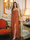 Cinnamon Chiffon A-Line V-Neck Lace-Up Floor-Length Bridesmaid Dress with Ruffles