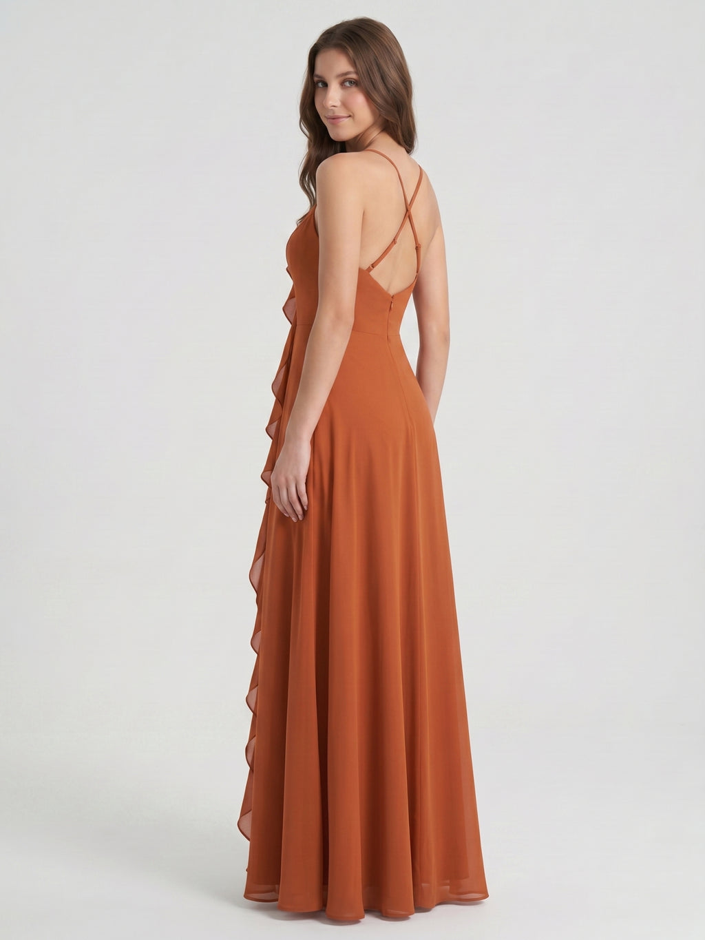 Cinnamon Chiffon A-Line V-Neck Lace-Up Floor-Length Bridesmaid Dress with Ruffles