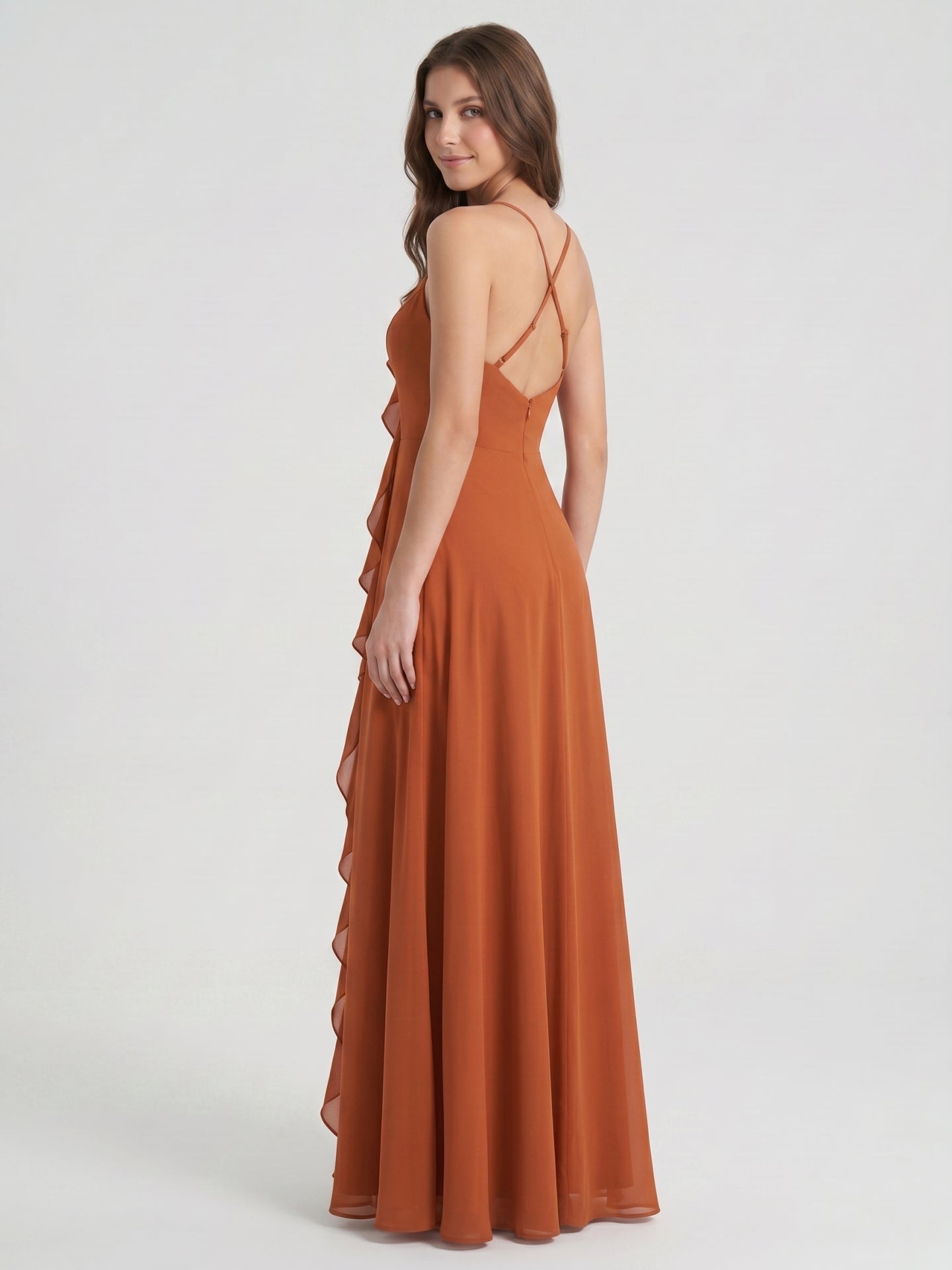 Cinnamon Chiffon A-Line V-Neck Lace-Up Floor-Length Bridesmaid Dress with Ruffles