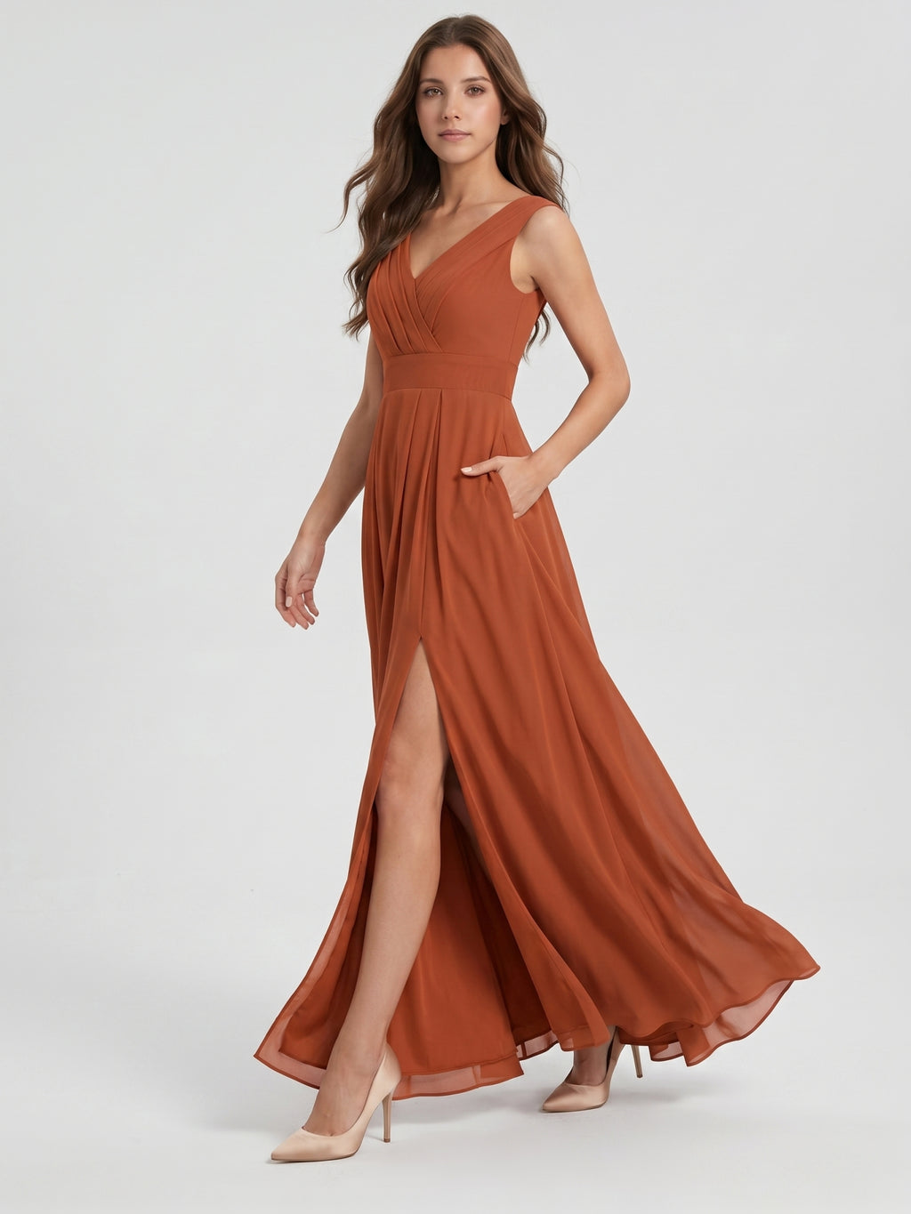 Cinnamon Chiffon A-Line V-Neck V-Back Floor-Length Bridesmaid Dress with Pleats