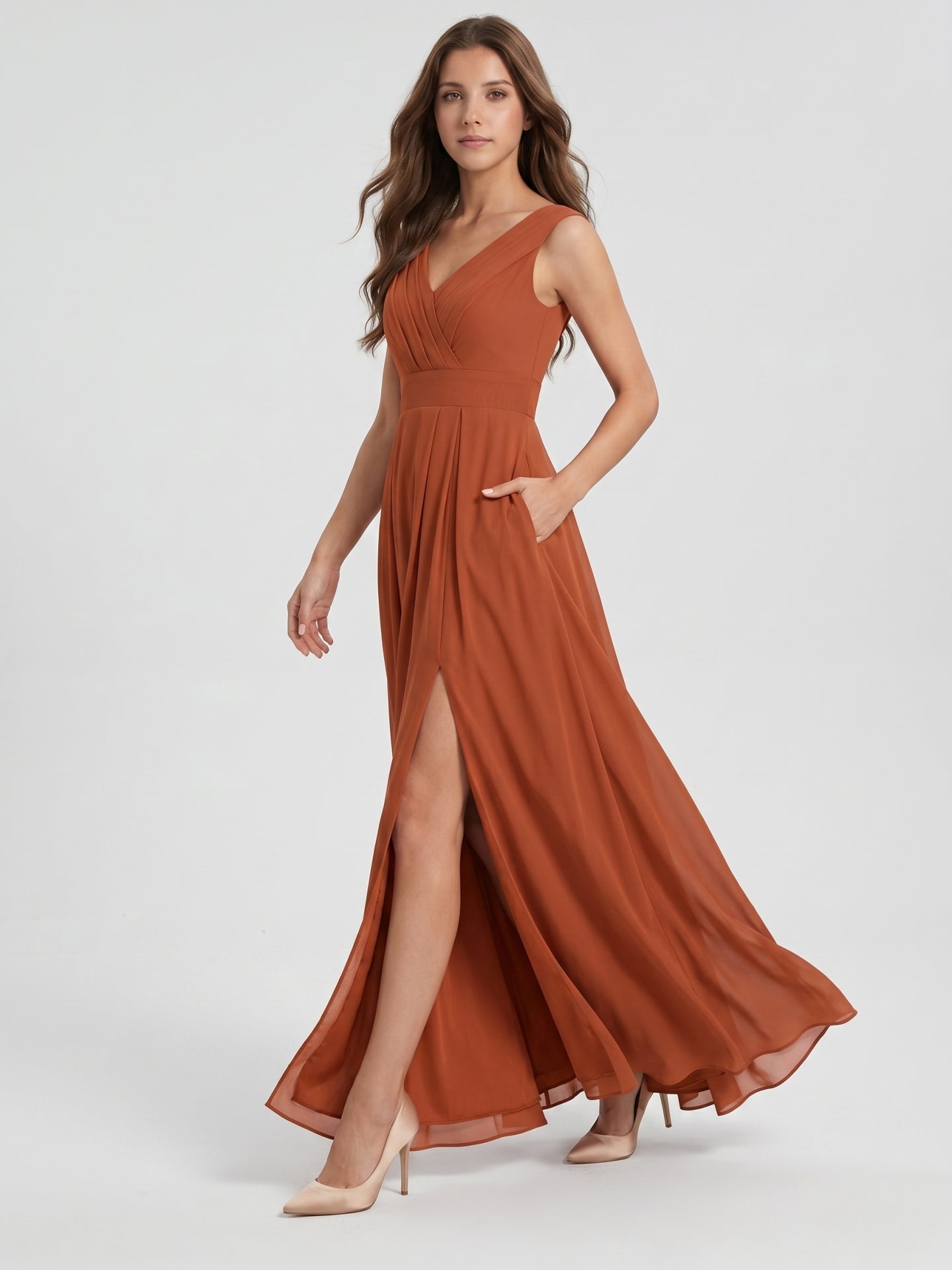Cinnamon Chiffon A-Line V-Neck V-Back Floor-Length Bridesmaid Dress with Pleats