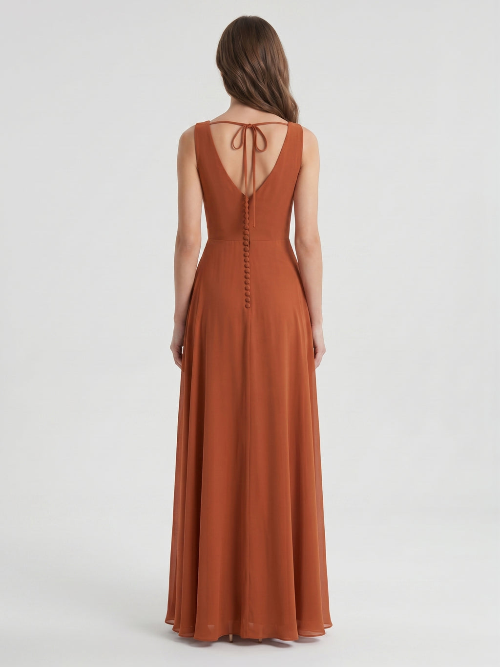 Cinnamon Chiffon A-Line V-Neck V-Back Floor-Length Bridesmaid Dress with Pleats