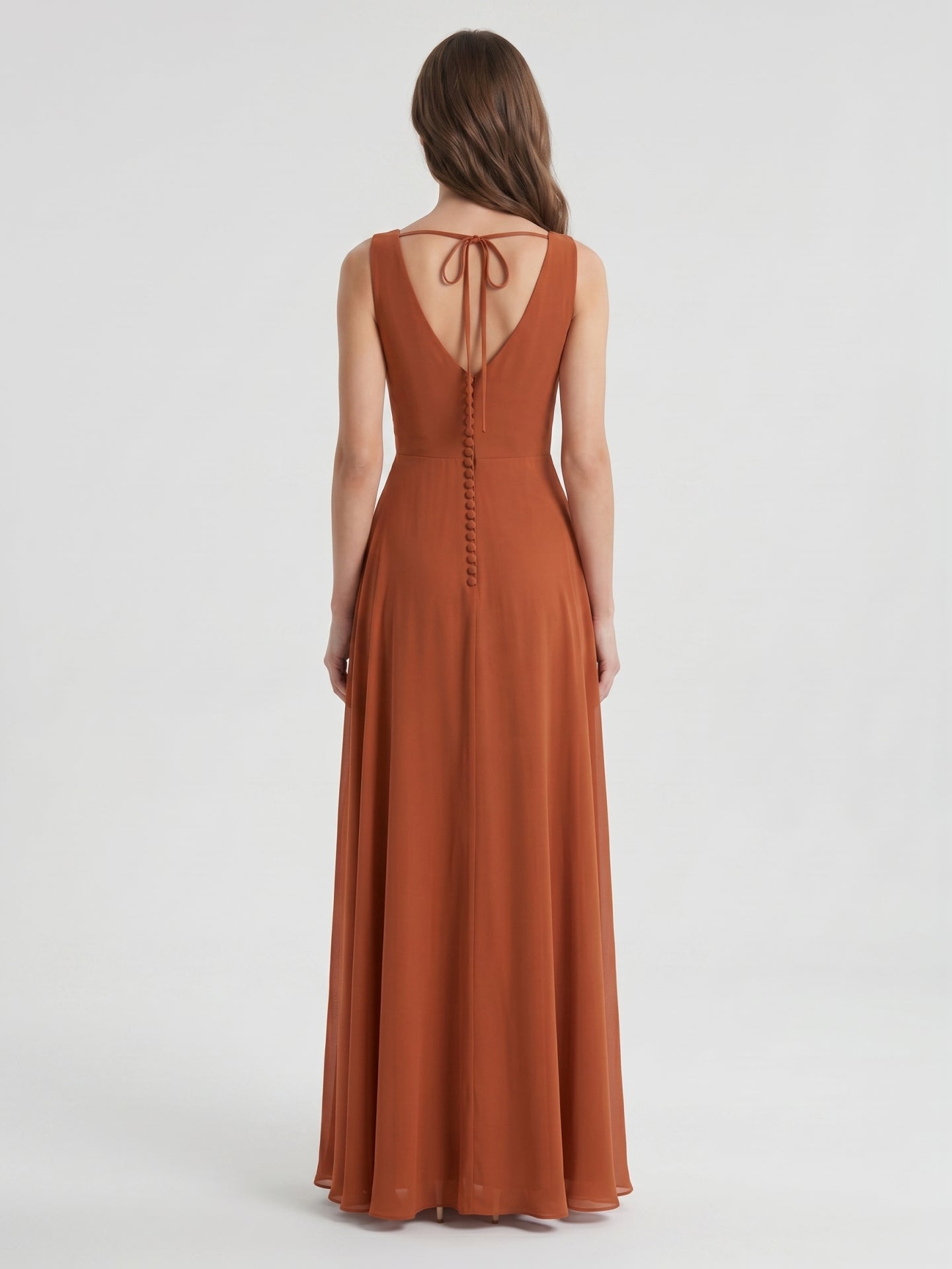 Cinnamon Chiffon A-Line V-Neck V-Back Floor-Length Bridesmaid Dress with Pleats