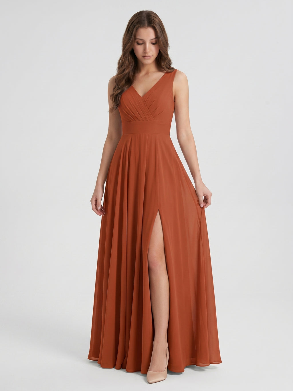 Cinnamon Chiffon A-Line V-Neck V-Back Floor-Length Bridesmaid Dress with Pleats