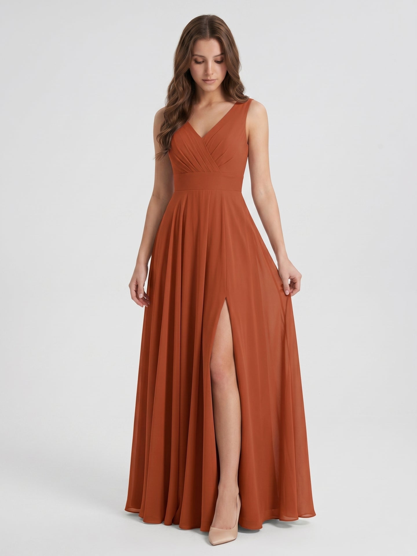Cinnamon Chiffon A-Line V-Neck V-Back Floor-Length Bridesmaid Dress with Pleats