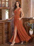 Cinnamon Chiffon A-Line V-Neck V-Back Floor-Length Bridesmaid Dress with Pleats