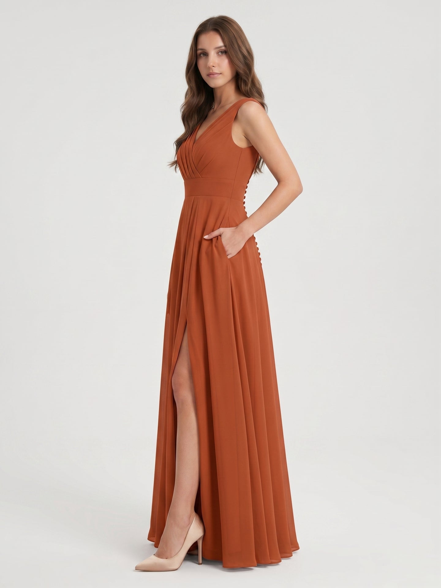 Cinnamon Chiffon A-Line V-Neck V-Back Floor-Length Bridesmaid Dress with Pleats